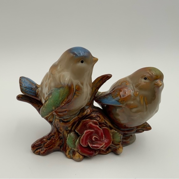 Vintage Art Pottery Ceramic Love Birds Perched on Branch With Rose - Picture 4 of 7